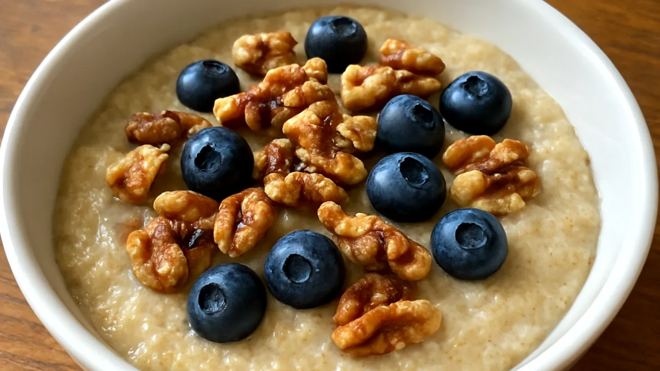 Amaranth-Porridge mit gerösteten Walnüssen und Blaubeeren"
