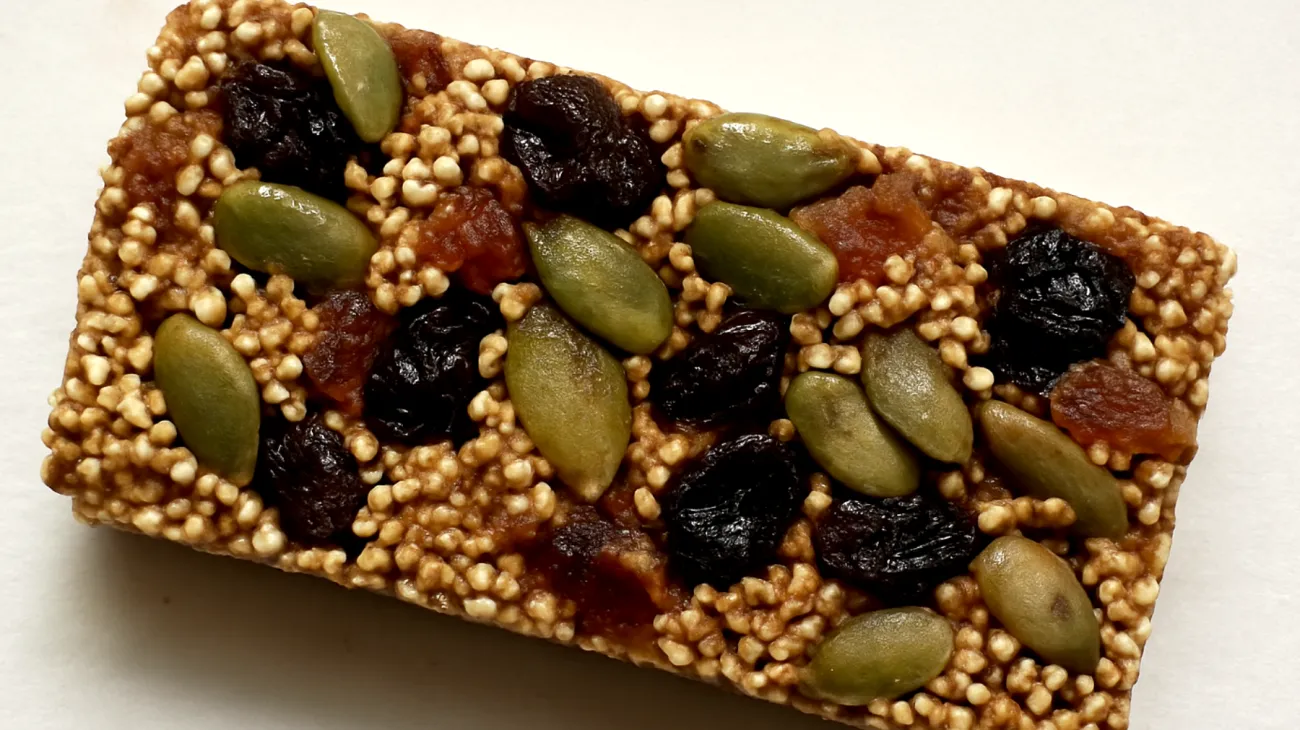 Amaranth-Puffreis-Riegel mit gerösteten Kürbiskernen und Trockenfrüchten"