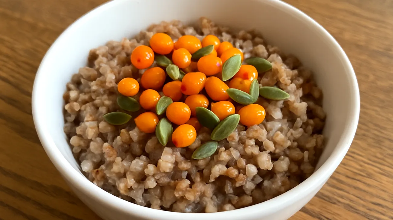 Buchweizen-Porridge mit Sanddornbeeren und Kürbiskernen"