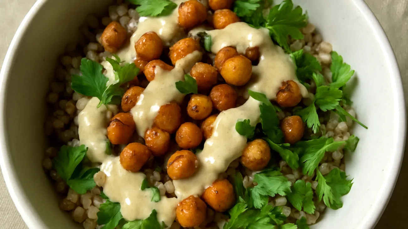 Buchweizen-Salat mit gerösteten Kichererbsen und Tahini-Dressing"