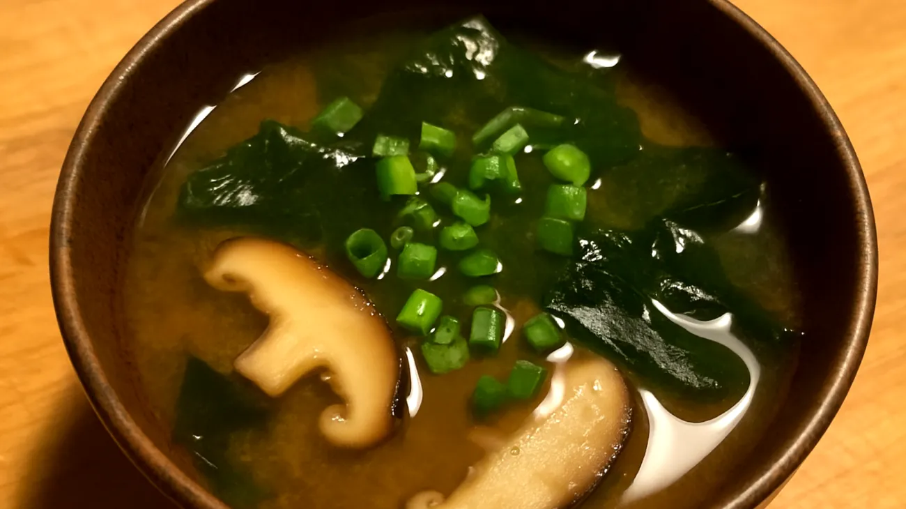 Miso-Suppe mit Wakame-Algen und Shiitake-Pilzen"