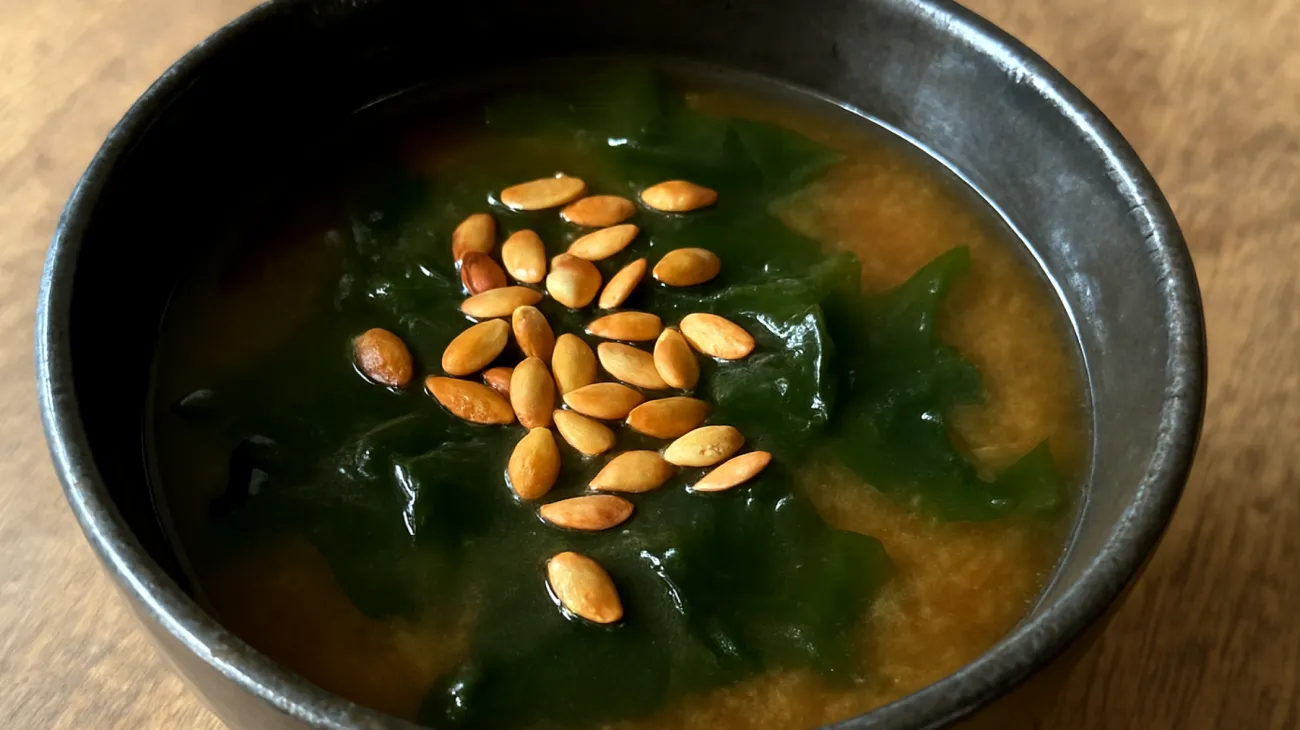Miso-Wakame-Suppe mit gerösteten Kürbiskernen"