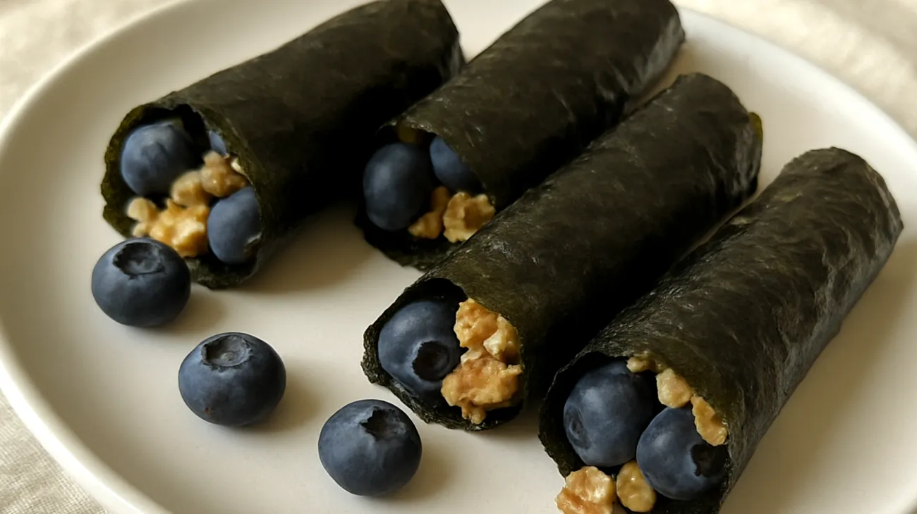 Nori-Algen-Wraps mit Walnüssen und Heidelbeeren"